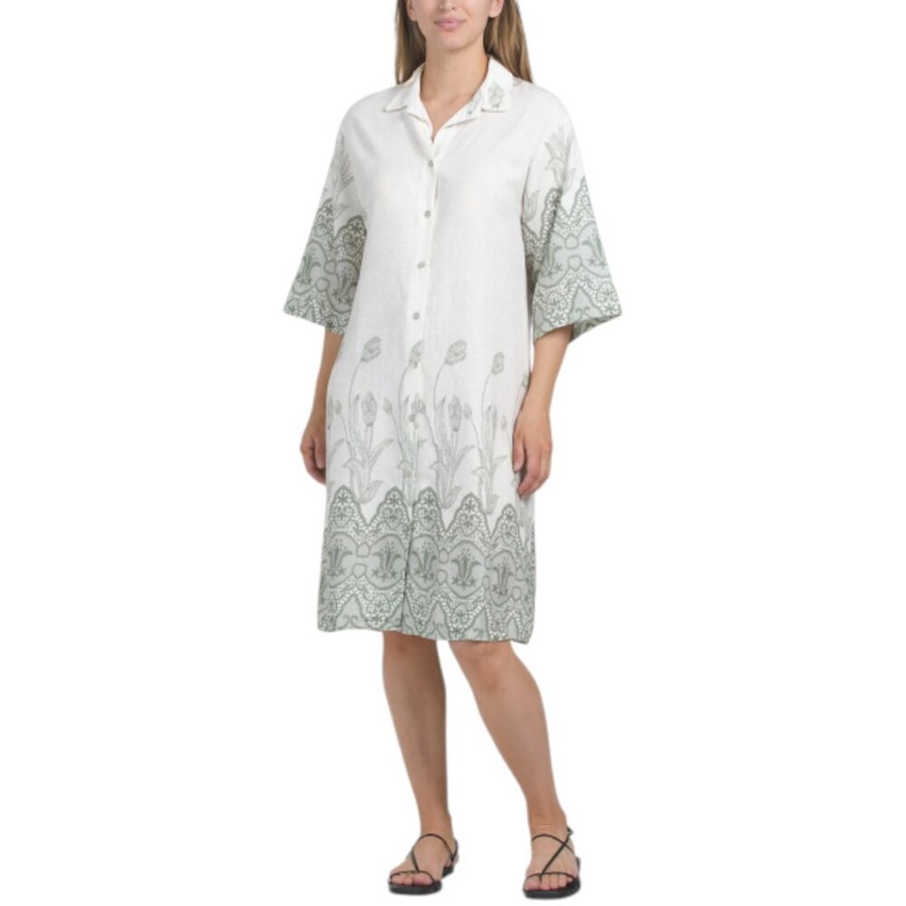 SPIGHE DI LINO Made In Italy Linen Blend Short Sleeve Border Print Mini Dress